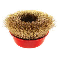 Abracs 115mm crimp bevel brush with brass bristles and red plastic base for metal cleaning