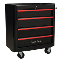 Sealey AP28204BR Rollcab 4 Drawer Retro Style- Black with Red Anodised Drawer Pulls