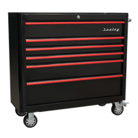 Sealey AP41206BR Rollcab 6 Drawer Wide Retro Style - Black with Red Anodised Drawer Pulls