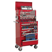 Sealey APCOMBOBBTK57 Topchest & Rollcab Combination 15 Drawer with Ball Bearing Slides - Red & 147pc Tool Kit